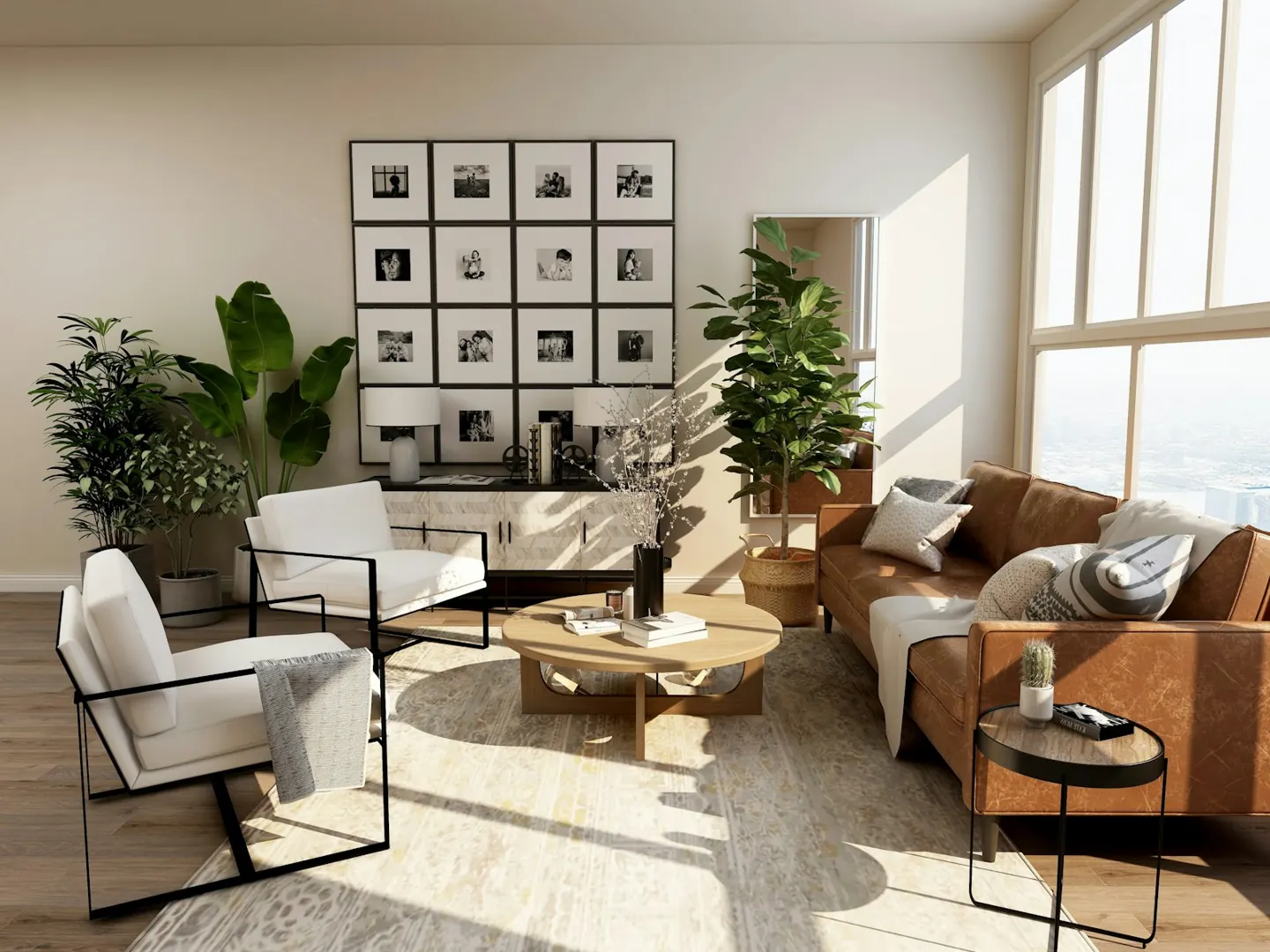 Bright, calm living room with natural textures